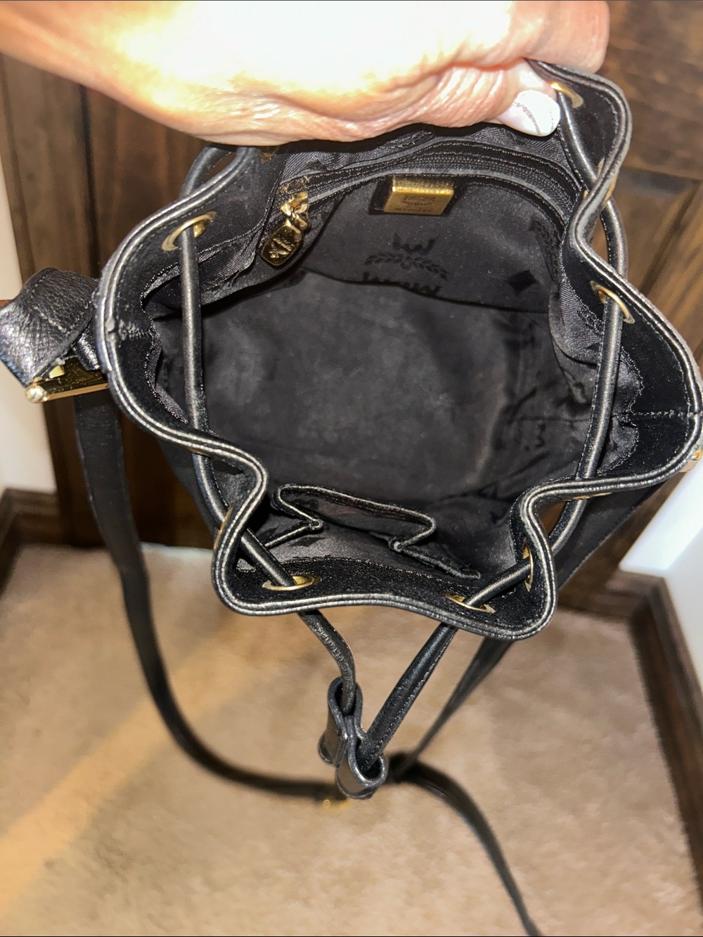 MCM Black Leather Mini Drawstring Bucket Bag with Gold Accents - Picture 12 of 14